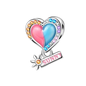 S925 silver heart charm with pink and blue enamel and colorful zircon stones