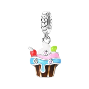 Silberner Cupcake-Anhänger mit farbigem Emaille und Zirkonia für Armbänder