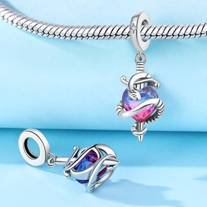 Pendentif cœur avec pierre dégradée violette et serpent en argent pour bracelet