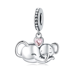 Charm éléphant argenté avec cristal cœur rose et détails perlés délicats