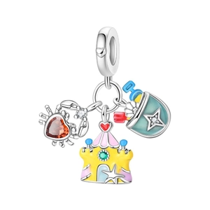 Silver summer beach charm pendant featuring a crab with red heart and yellow sandcastle