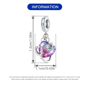 Silver stethoscope charm with purple heart and red cross showing exact dimensions