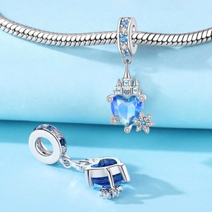 Silver hollow castle charm with heart blue crystal and snowflake for charm bracelets