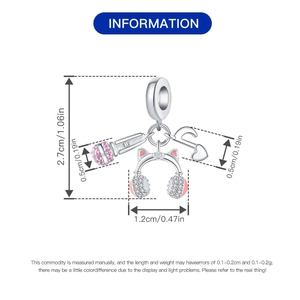 Detailed dimension guide for silver music charms featuring headphones and microphone