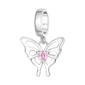 Detailansicht eines Silber-Schmetterlingsanhängers mit rosa Zirkonia und filigranen Flügeln