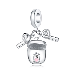 Detail of silver headphone charm with 100-heart print and zircon-set earbuds for bracelets