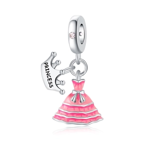 Detail of silver princess dress charm with pink enamel and engraved crown pendant