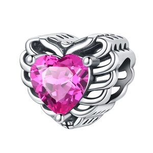Ciondolo a cuore placcato argento con cristallo rosa e motivi ad ali vuote