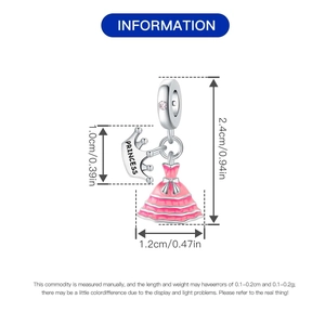 Detailed view of silver princess dress charm with measurements and crown detailing