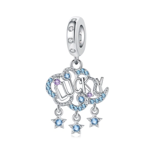 Detailed view of silver lucky cloud charm with blue zircon stones and star pendants