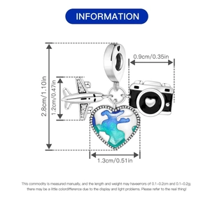 Detailed dimensions of silver travel charms featuring airplane camera and earth