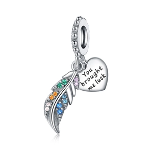 Macro detail of silver feather charm with colorful zircons and Luck engraved heart tag