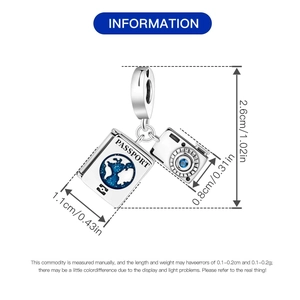 Silver passport and camera charm dimensions showing 2.6cm height with blue enamel earth detail
