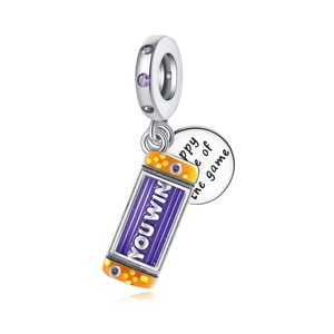 Detail of silver game console charm with 'YOU WIN' text and purple cubic zirconia