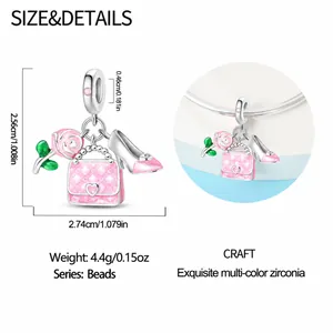 Size chart for wine charm bead featuring pink enamel high heels and handbag with dimensions