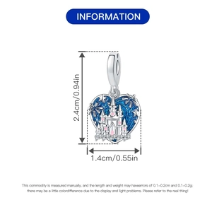 Silver heart charm with blue enamel castle and dimensions of 2.4cm by 1.4cm