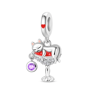 Detailed silver charm pendant featuring a sleeping cat on a red wine glass with zircons