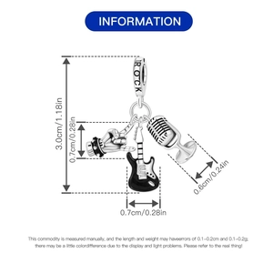 Detailed size chart of silver rock charms featuring guitar, microphone and hand gesture