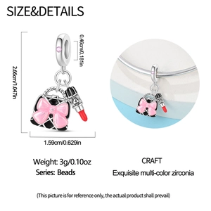 Silver handbag and red lipstick charm bead with pink bow and colorful cubic zirconia