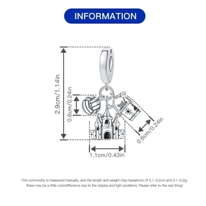 Detail of silver beach charms featuring castle, volleyball and sand bucket with measurements