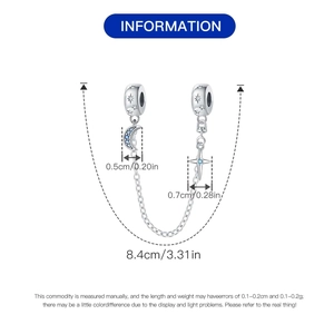 Detailed dimensions of silver moon and star safety chain charm with blue zircons