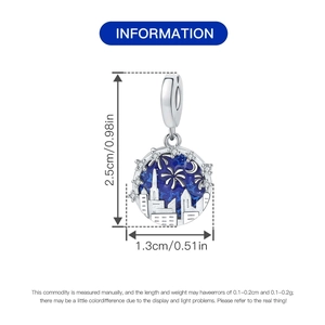 Detailed size view of silver city skyline charm with blue enamel for DIY bracelets