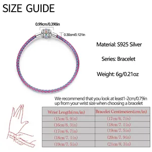 Größentabelle für silbernes geflochtenes Armband mit Handgelenksmessanleitung und Maßen