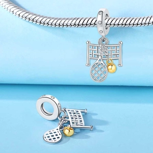 Detailed tennis racket and golden ball charm pendant with sparkling zircon accents