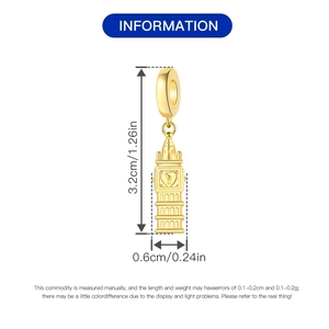 Detailed dimensions of a golden Big Ben charm with heart clock face, 3.2cm height