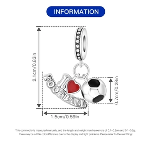 Detailed dimensions of silver football charm with heart and engraved nameplate