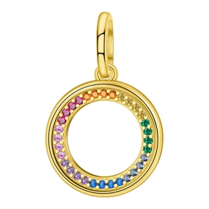 Detail of round gold pendant featuring a vibrant circle of gradient rainbow gemstones