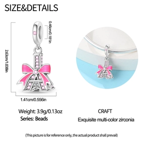 Eiffel Tower charm with pink zircon bow and silver plating, dimension measurement detail