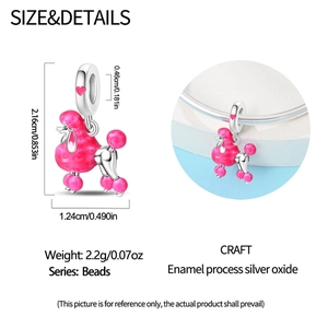 Pink enamel poodle charm dimensions 2.16cm by 1.24cm shown in professional macro detail