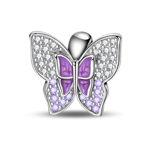 Detailed close-up of butterfly charm bead with purple enamel and cubic zirconia