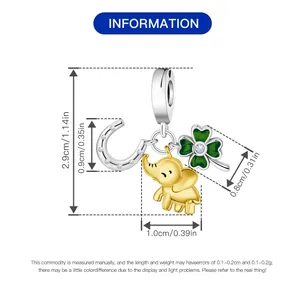 Size chart for elephant and four-leaf clover charms with detailed height and width in inches