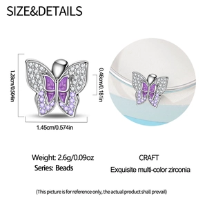Macro detail of purple enamel butterfly bead with zircon stones and precise dimensions