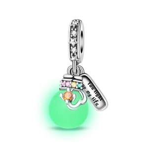 Macro view of silver charm with You light up my life engraving and glowing green bead