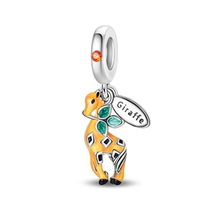 Detail of giraffe pendant with yellow enamel, green leaves and orange zircon inlay