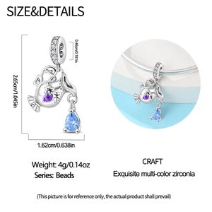 Detailed size chart for Aquarius wine pot bead charm with purple and blue zircon crystals