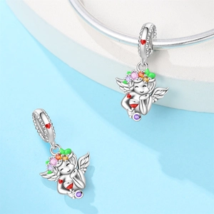 Detailed view of silver angel charms with colorful enamel flowers and a wine cup