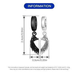 Detailed dimension guide for silver and black wing charms with specific size measurements