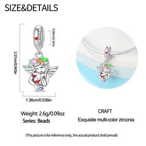 Detailed size view of silver angel charm with wine cup and multi-color cubic zirconia