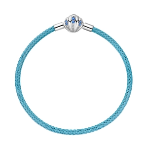 Blaues geflochtenes Lederarmband mit silbernem Muschelverschluss und Kristallen