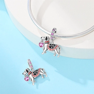Silver dachshund charm with enamel saddle and pink heart zircon for DIY bracelet