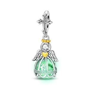 Detail of angel charm featuring glowing green sphere and gold heart for bracelet