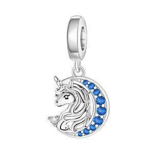 Macro detail of silver unicorn and crescent moon charm with blue gemstones for bracelets