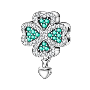 Silver four-leaf clover heart charm with green crystal and sparkling cubic zirconia stones