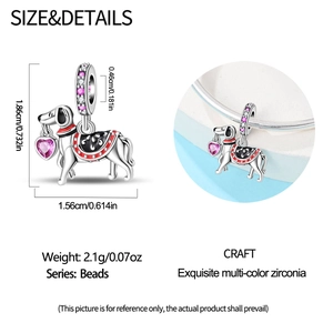 Detail view of silver dachshund charm with pink heart gemstone and sizing specifications