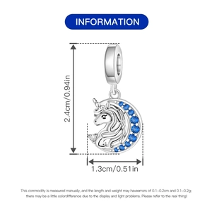 Detailed size measurement of unicorn moon charm pendant in silver with blue stones