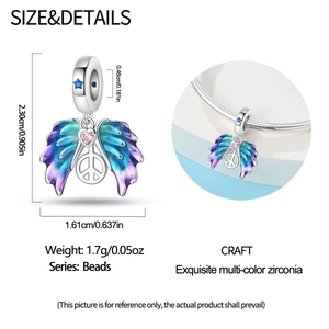 Detailed view of silver dove wing charm with pink heart and dimensions for DIY jewelry